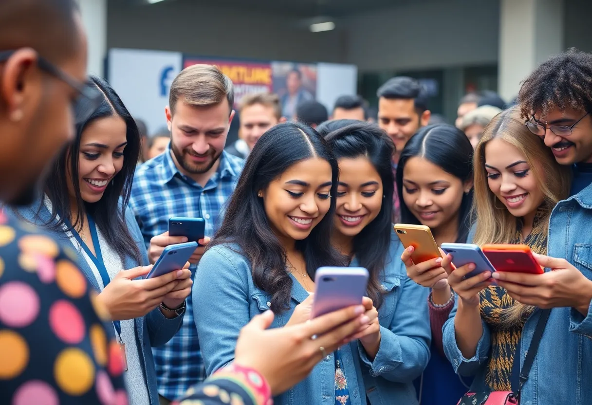 Group of diverse individuals engaging with Facebook on their mobile phones.