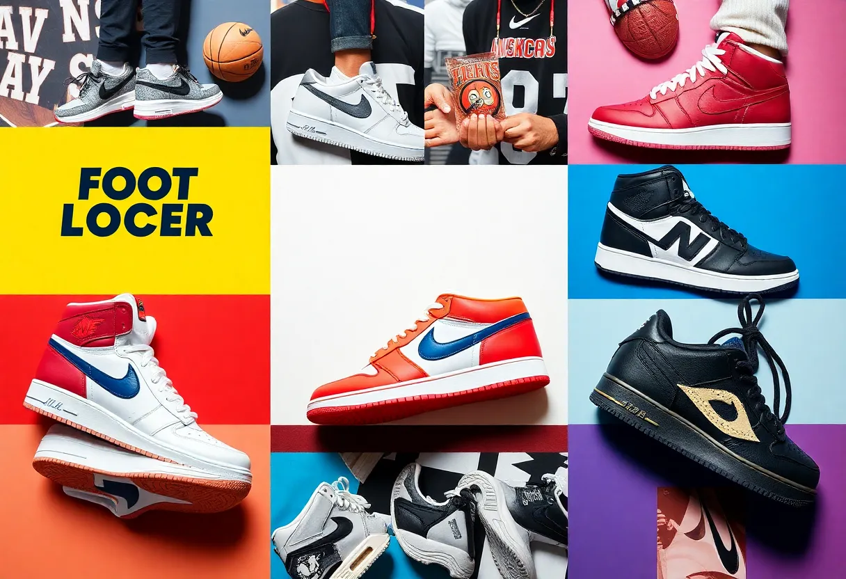 Collage of Foot Locker sneakers and basketball culture.