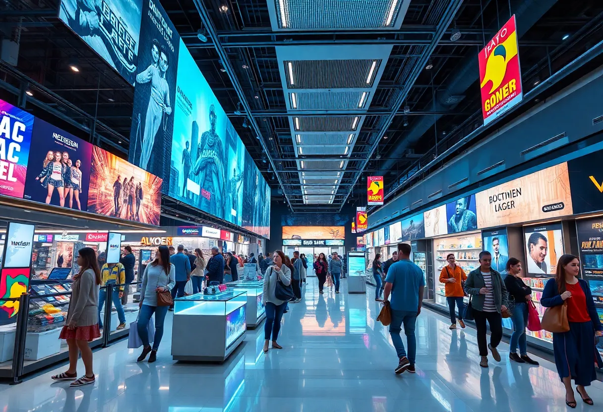 A vibrant retail environment featuring digital screens