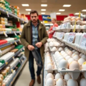 Grocery store aisle with high egg prices and cartons of eggs