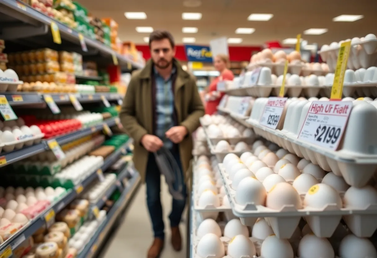 Grocery store aisle with high egg prices and cartons of eggs