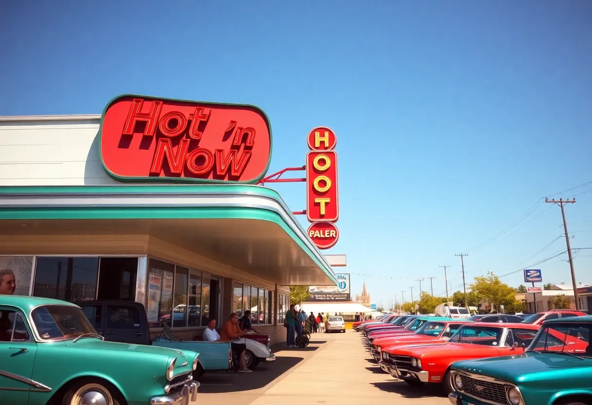 Exterior of a Hot 'n Now fast-food restaurant with families enjoying their meals.