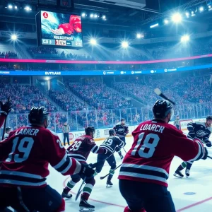 Ice hockey game showing Howell players celebrating a goal