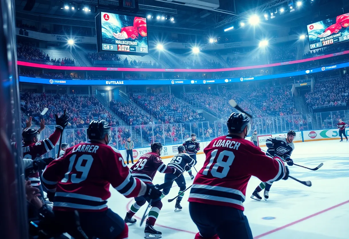 Ice hockey game showing Howell players celebrating a goal
