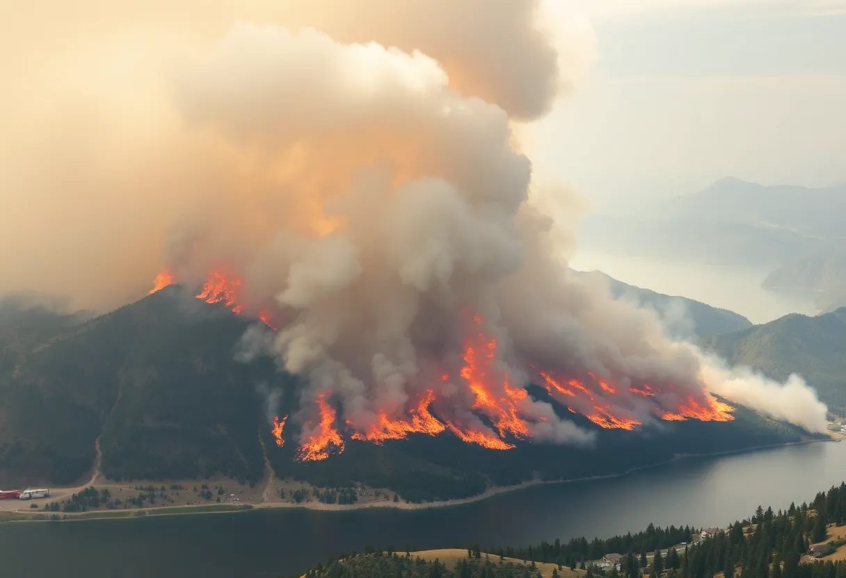 Aerial view of the Hughes Fire burning near Castaic Lake