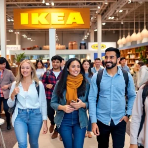 Customers exploring an Ikea store filled with innovative furniture.
