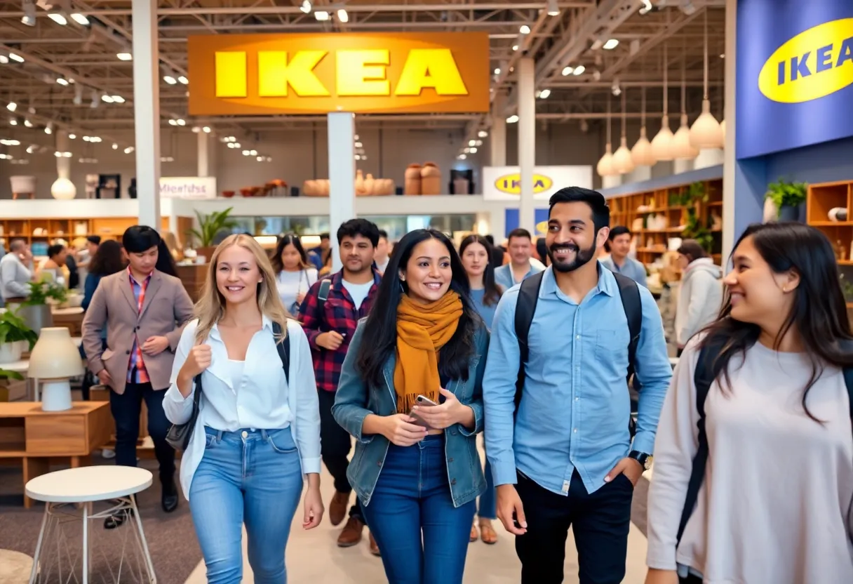 Customers exploring an Ikea store filled with innovative furniture.