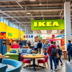 Ikea store with colorful furniture displays and shoppers