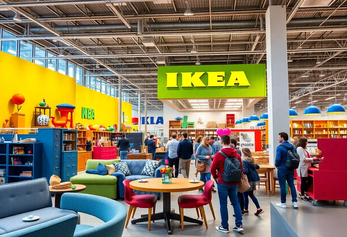 Ikea store with colorful furniture displays and shoppers