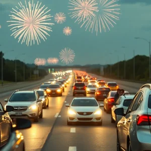 Cars on a crowded highway with fireworks in the background celebrating Independence Day.