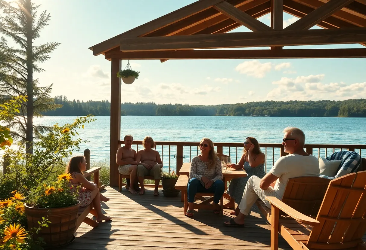 A picturesque lakeside scene where families come together to celebrate life and legacy.