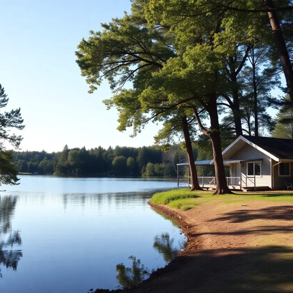 Lakeside view of a cottage surrounded by trees