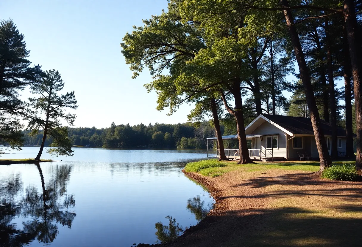 Lakeside view of a cottage surrounded by trees