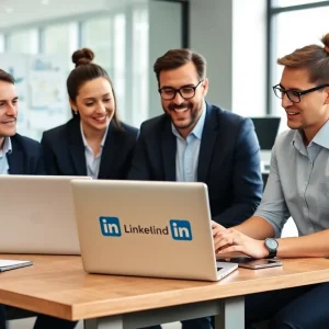 Marketing professionals engaged in a discussion about LinkedIn advertising strategies.