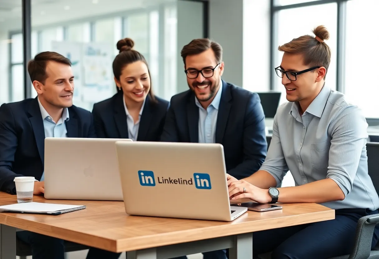 Marketing professionals engaged in a discussion about LinkedIn advertising strategies.