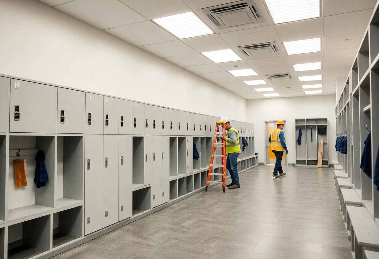 Renovated Detroit Lions locker room with new lockers.