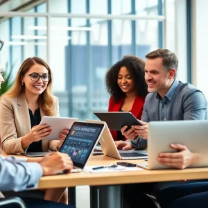 Business professionals strategizing local SEO in an office setting