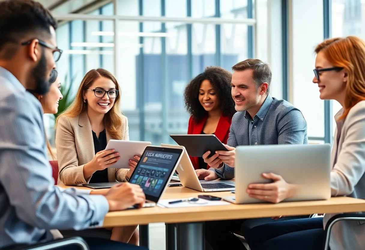 Business professionals strategizing local SEO in an office setting