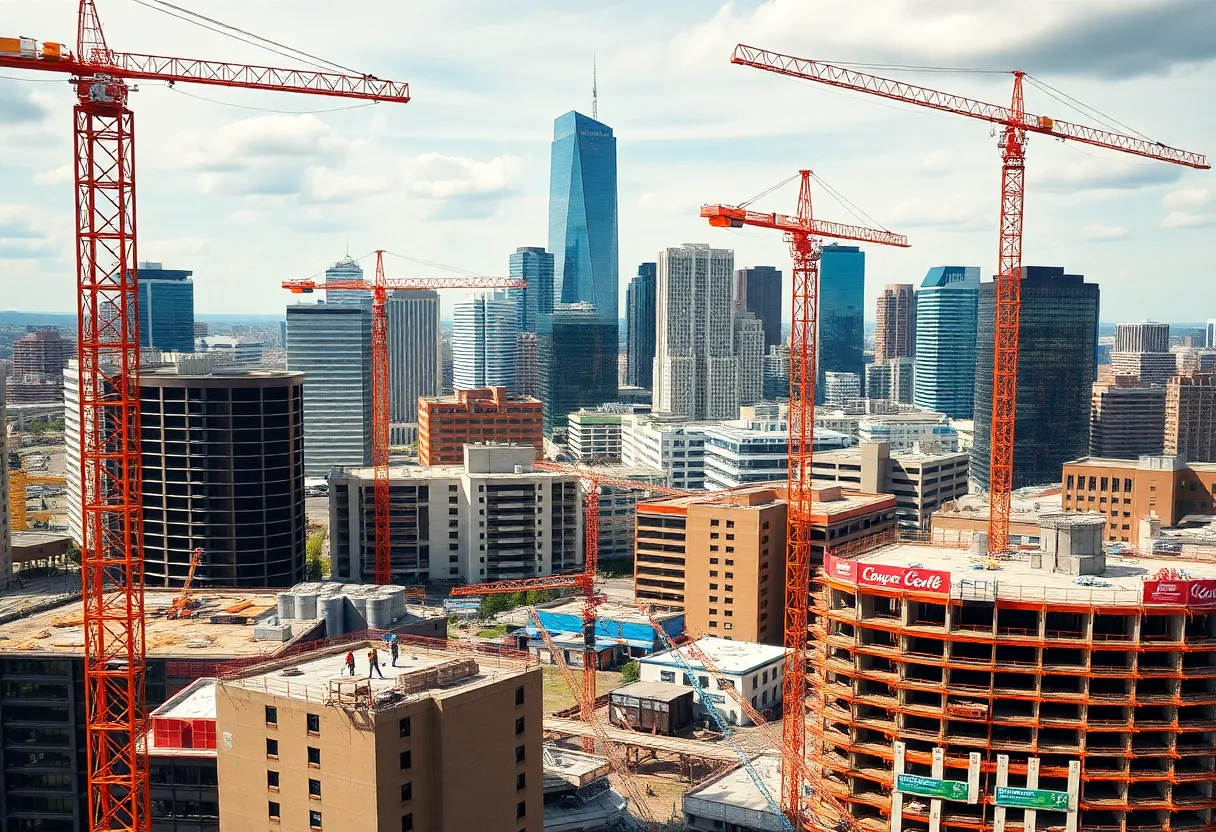 Construction activities in Metro Detroit showing the Gordie Howe International Bridge and urban park development.