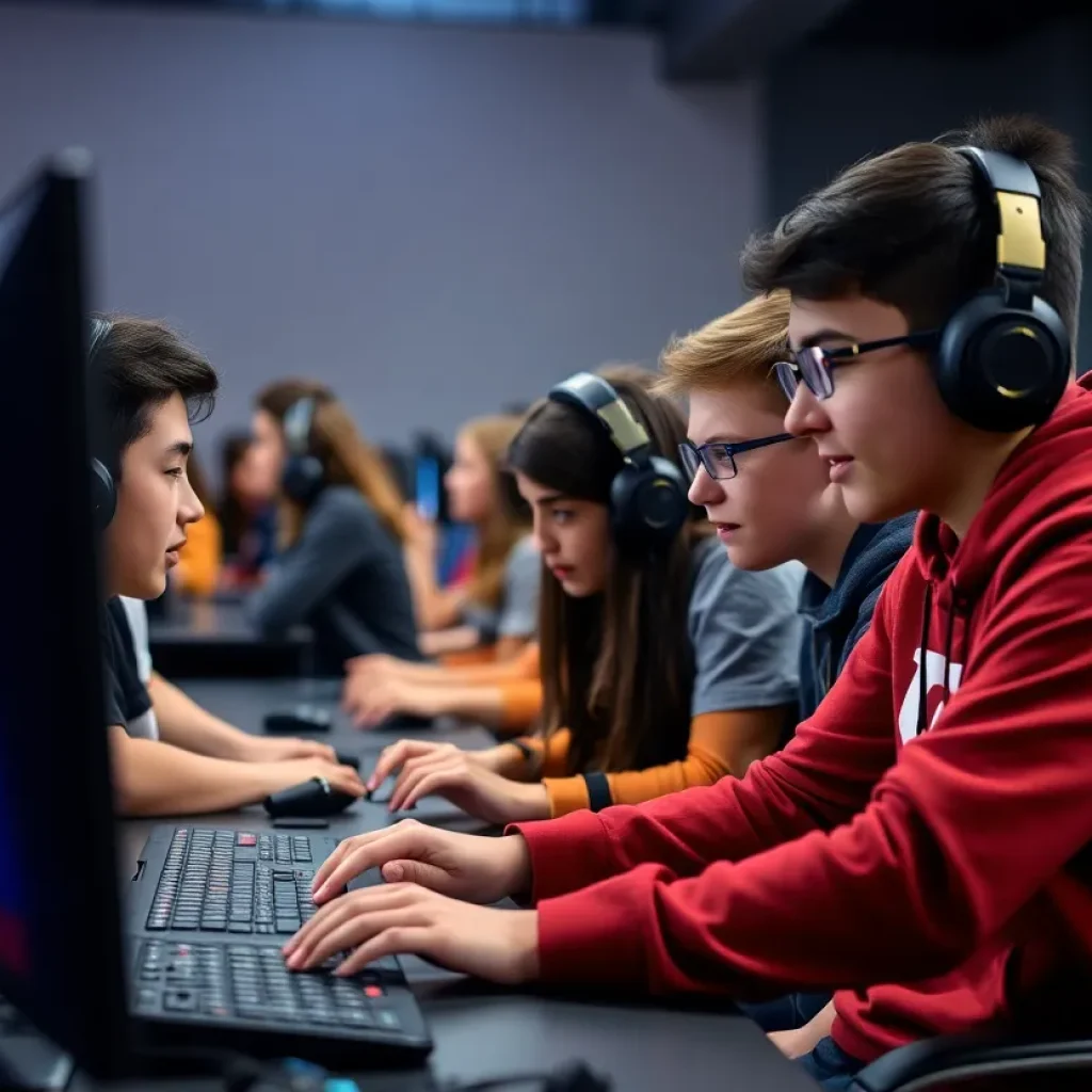 Students participating in the Michigan High School Esports League during a gaming event.