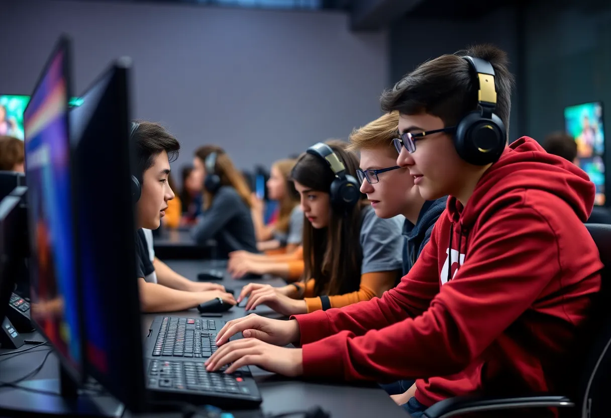 Students participating in the Michigan High School Esports League during a gaming event.
