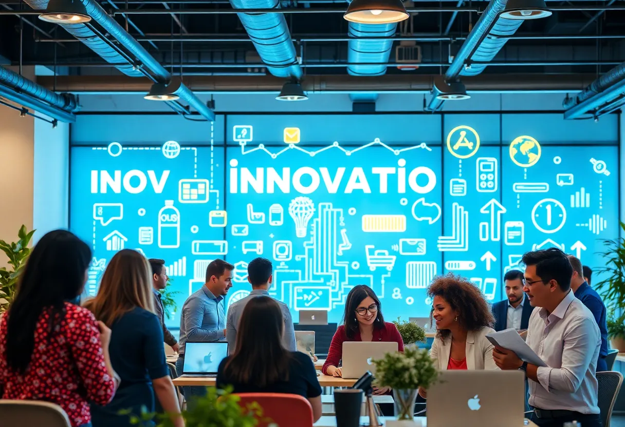 Entrepreneurs collaborating in a modern workspace for the Michigan Innovation Fund