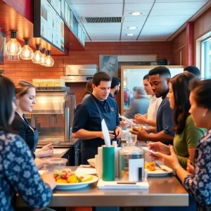 Diverse hospitality workers serving customers in a Michigan restaurant