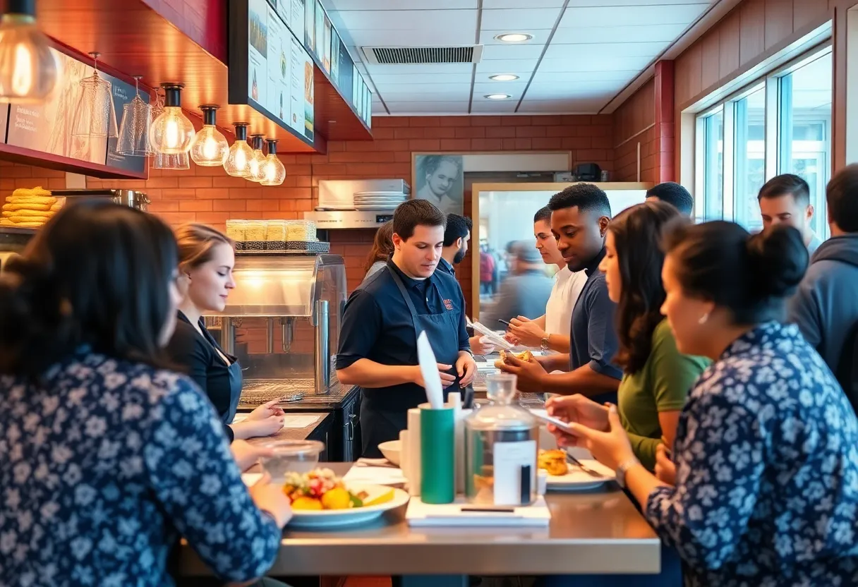 Diverse hospitality workers serving customers in a Michigan restaurant