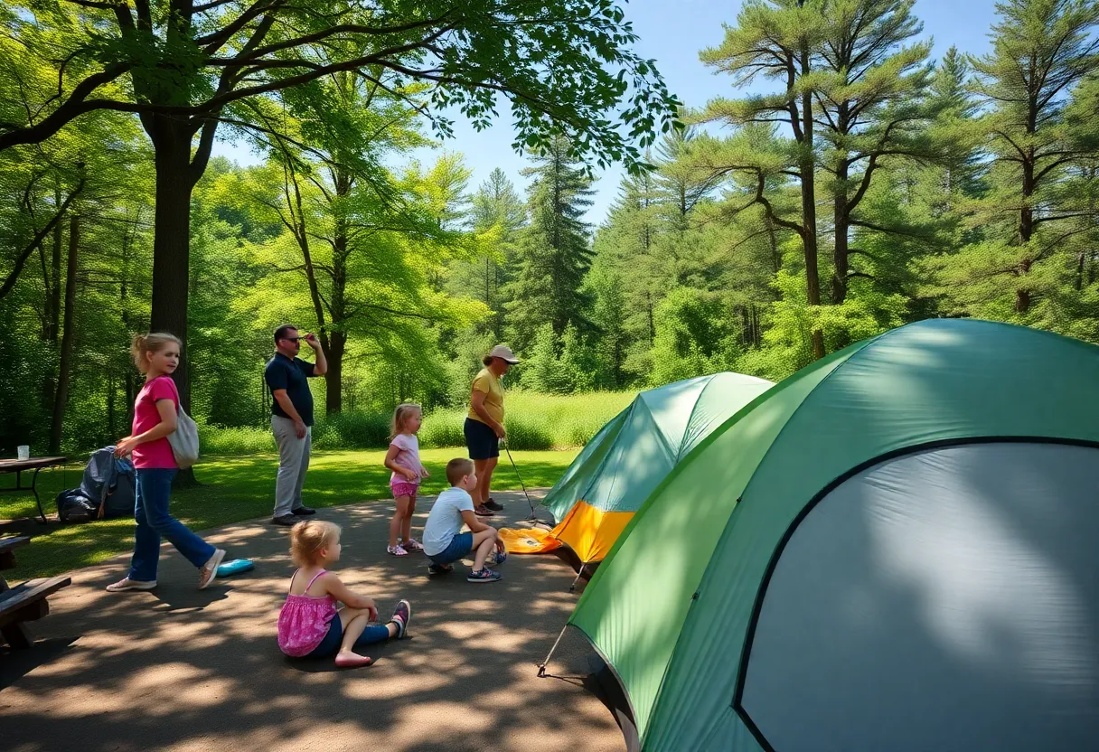 Families enjoying a sunny day at Michigan state parks with park staff assisting visitors