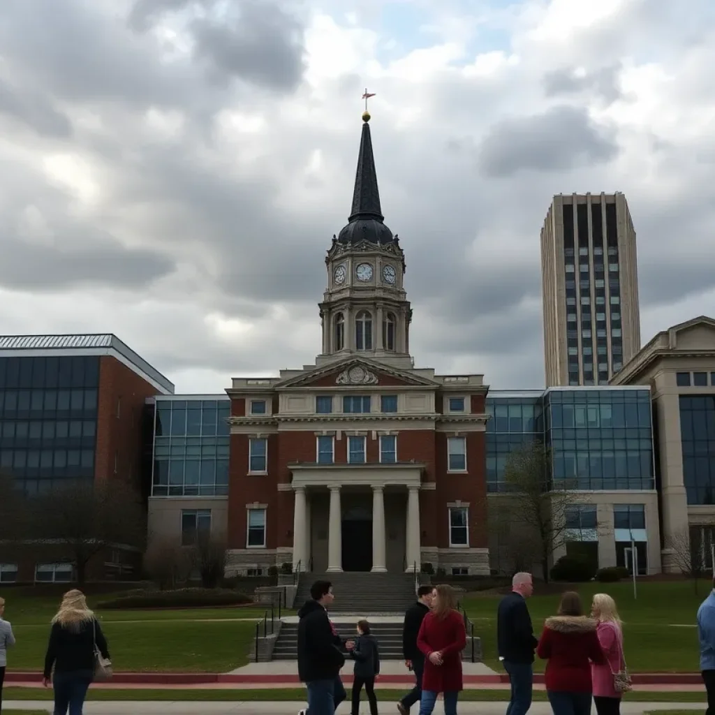 University buildings of major Michigan universities with students discussing
