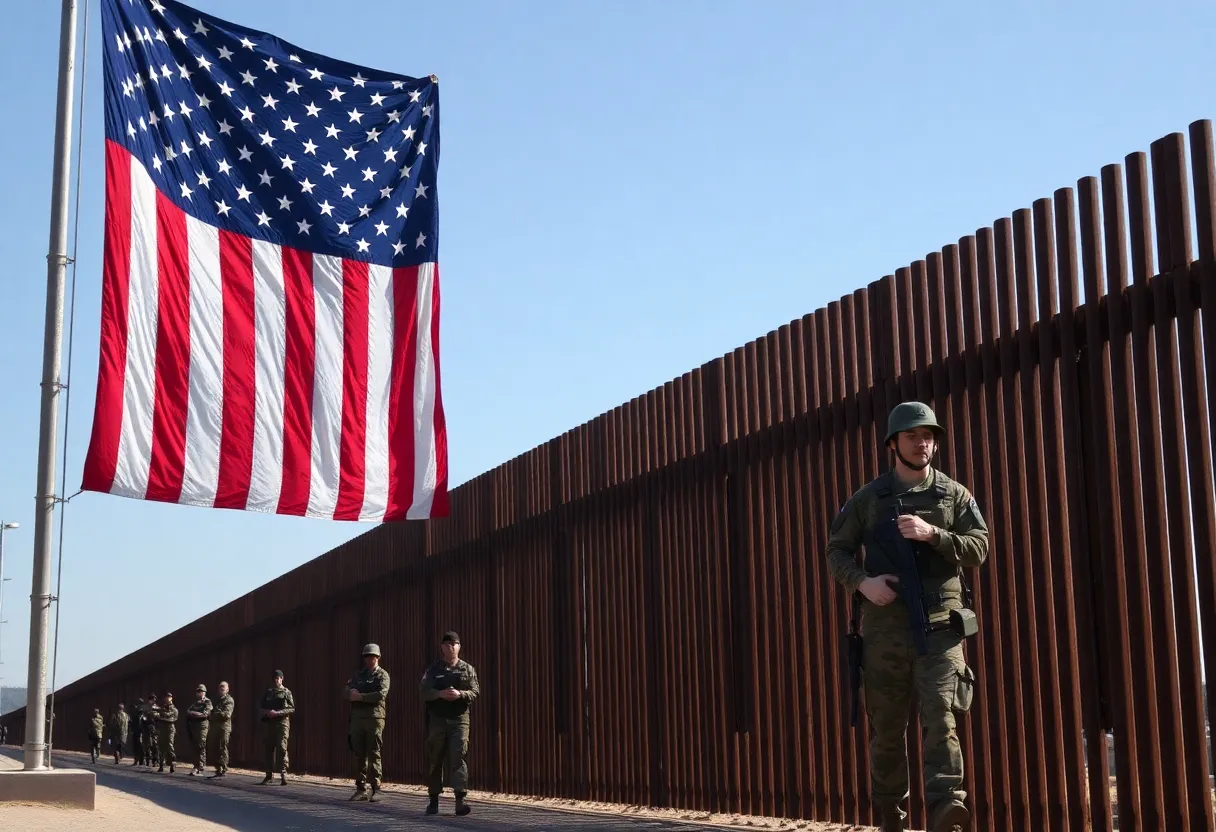 Military personnel at the U.S.-Mexico border with an American flag