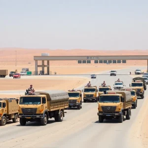 Military deployment at the southern border with trucks and personnel.