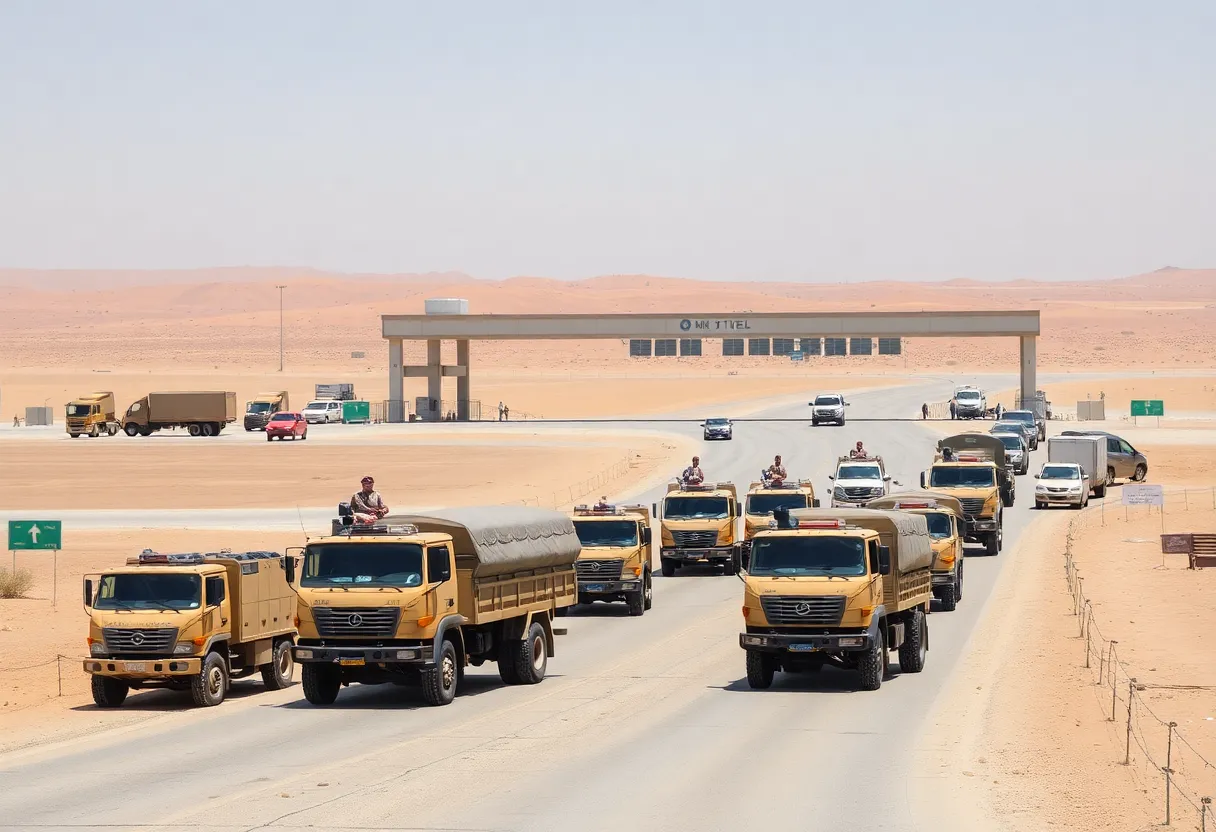 Military deployment at the southern border with trucks and personnel.