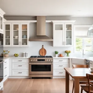 A beautifully renovated kitchen with Shaker cabinets and an open layout.
