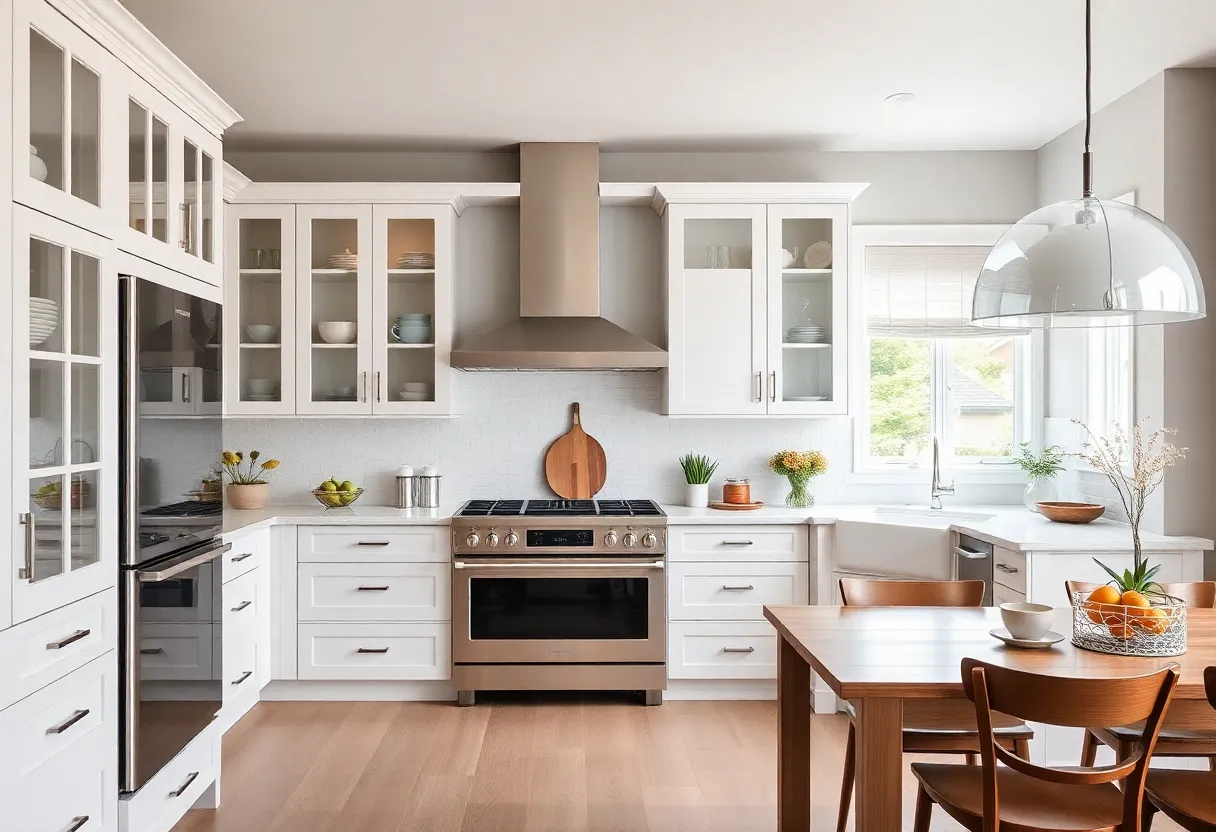 A beautifully renovated kitchen with Shaker cabinets and an open layout.