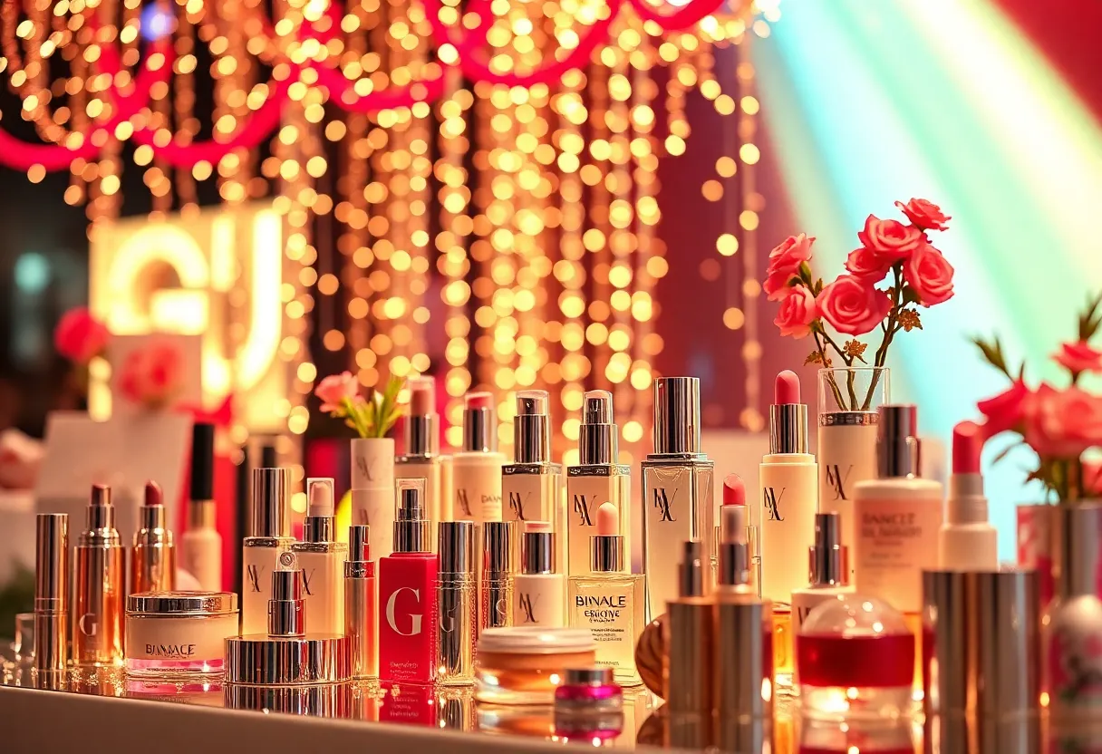 A celebration of Nice One Beauty Digital Marketing's IPO with beauty products.