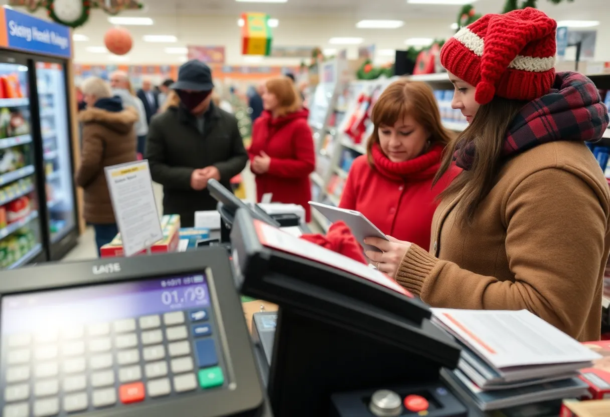 Store employees discussing security measures during holiday season.