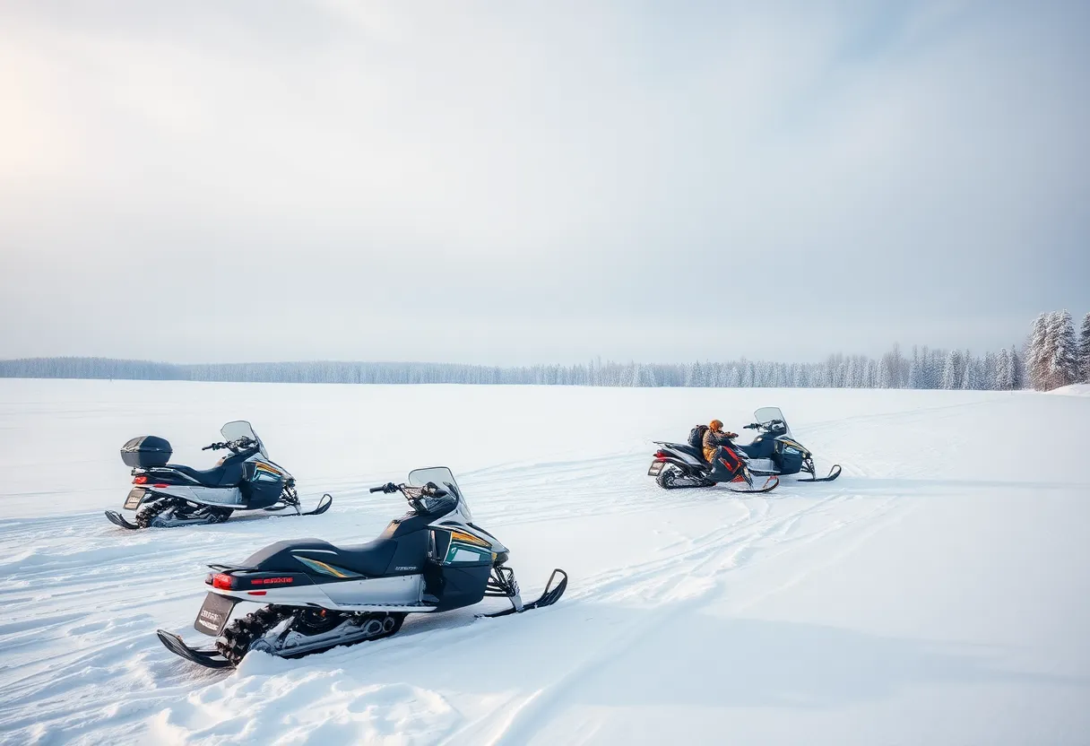 Snow-covered trails in Novi with parked snowmobiles