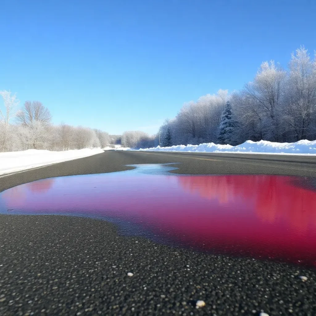 Reddish liquid beet juice mixture on a snowy road in Novi, Michigan