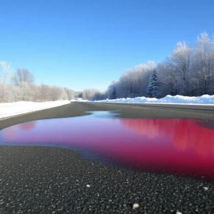 Reddish liquid beet juice mixture on a snowy road in Novi, Michigan