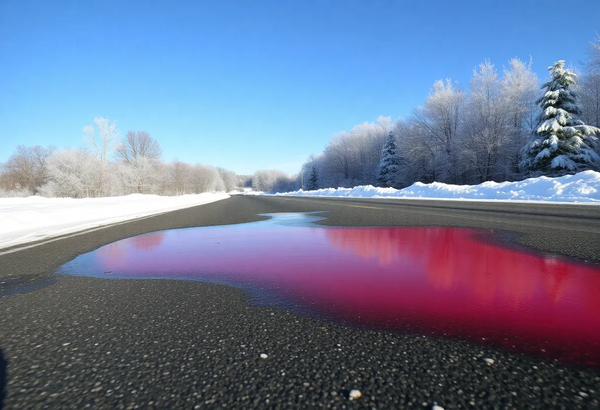 Reddish liquid beet juice mixture on a snowy road in Novi, Michigan