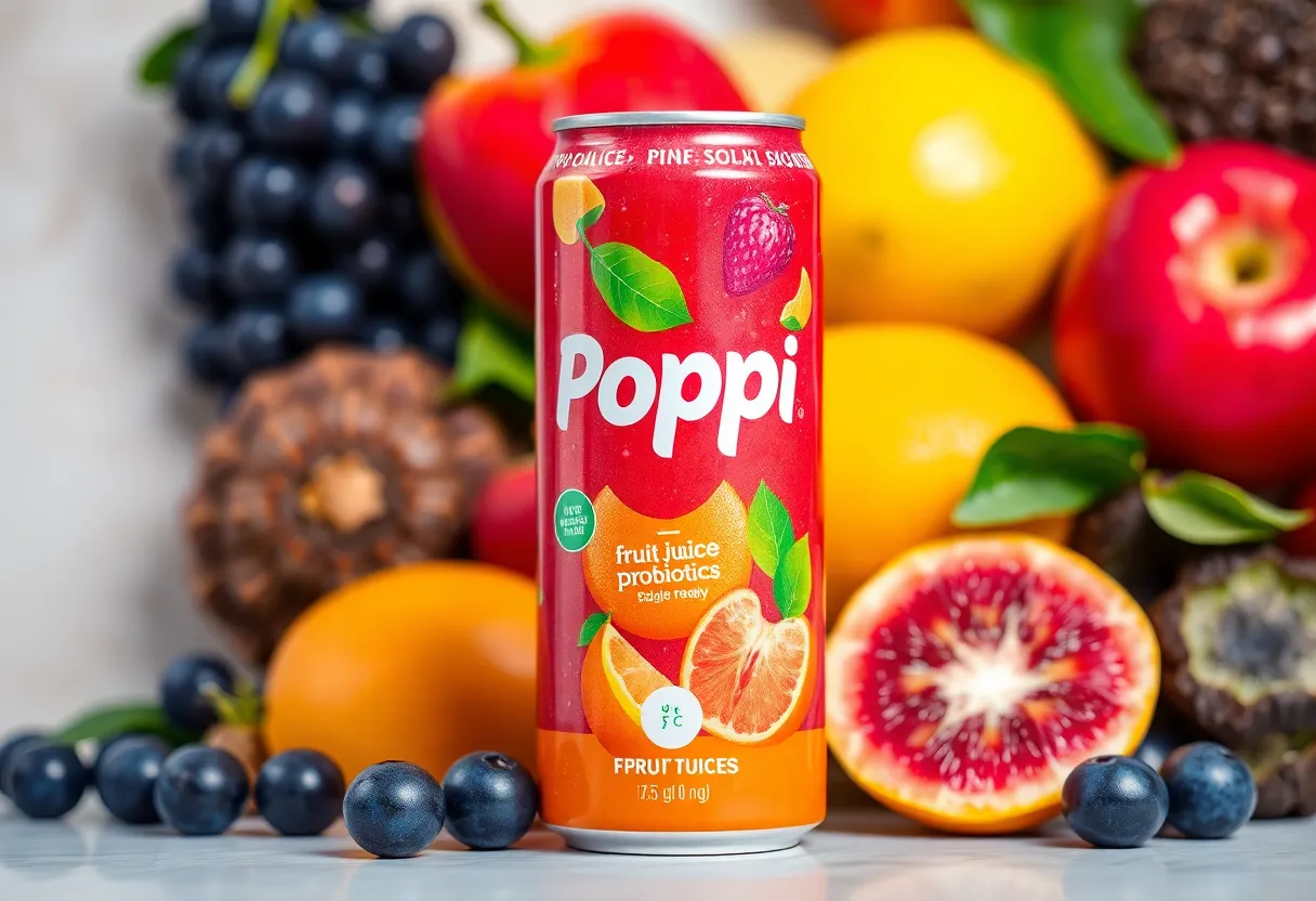 A can of Poppi Soda with fresh fruits