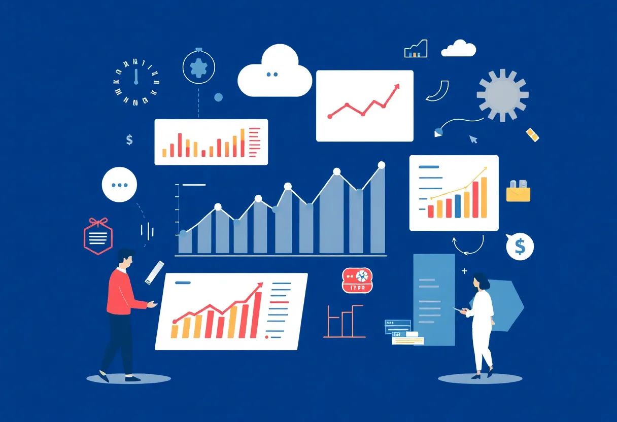 Illustration of predictive analytics in marketing showing data patterns and customer preferences.