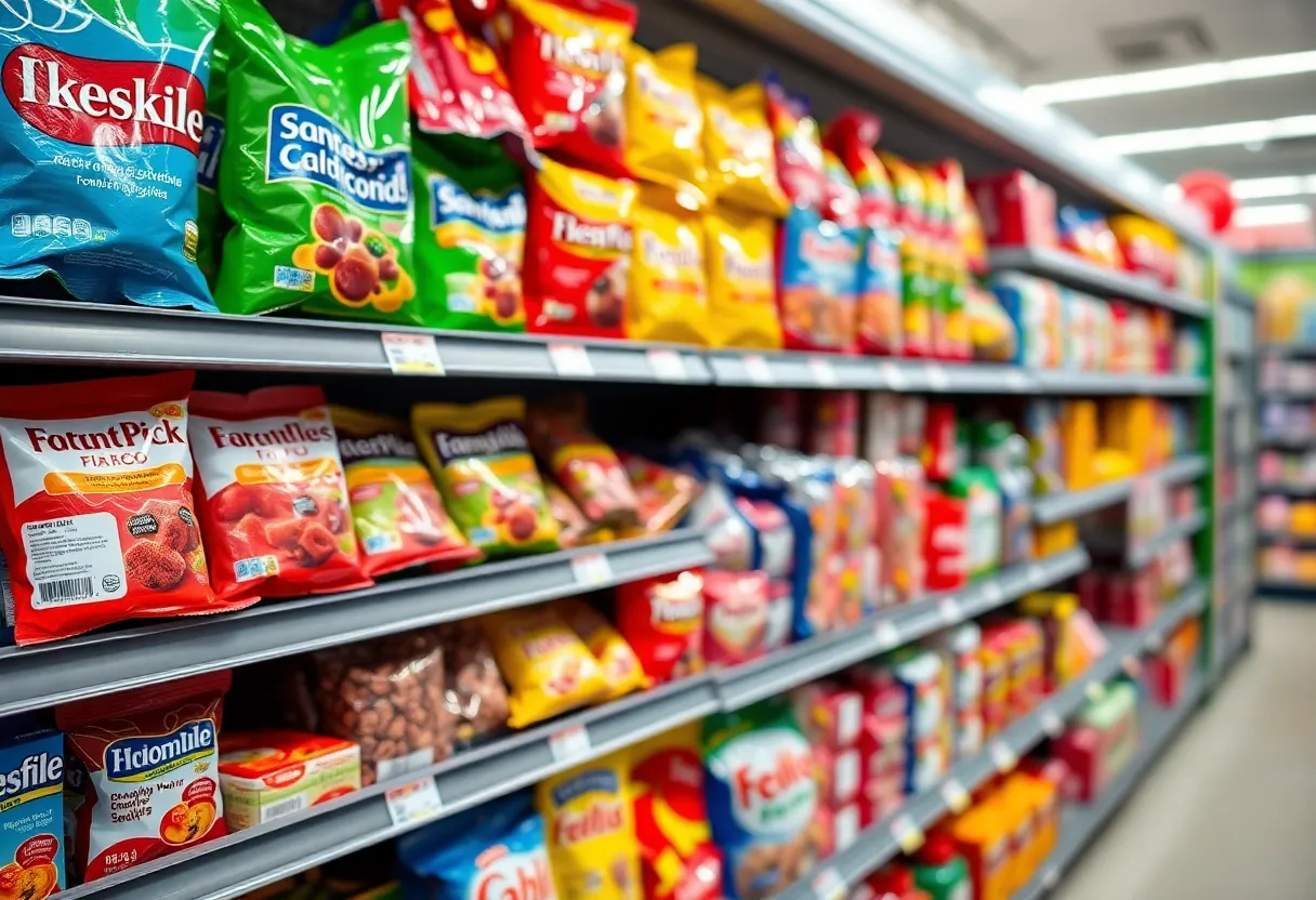 Grocery store shelf filled with snacks using Red Dye No. 3.