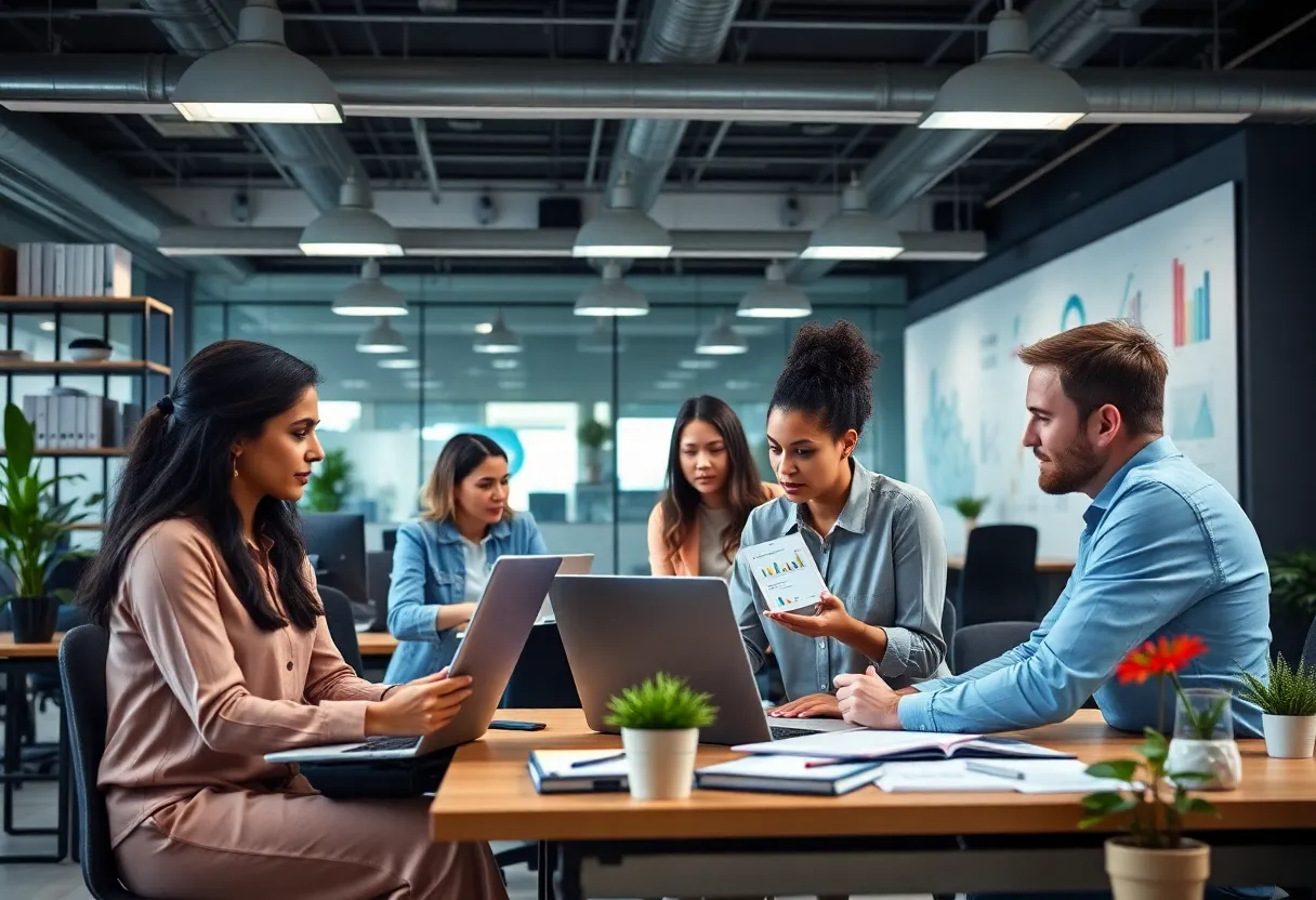 Professionals working on SEO strategies in a vibrant office