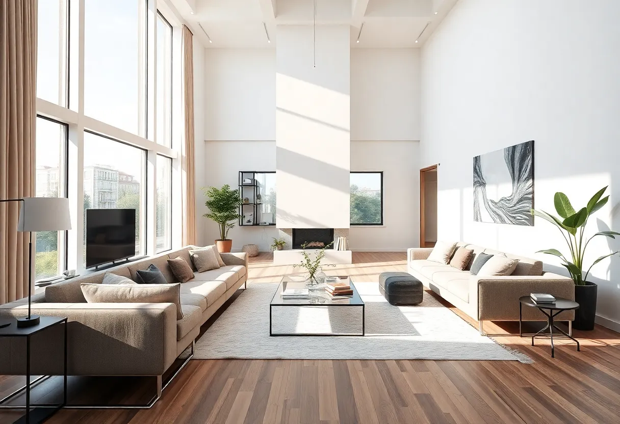 A modern renovated living room with open space and stylish decor