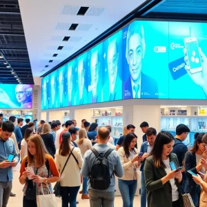 Diverse group of individuals engaging with social media in a retail environment