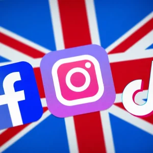 Collage of social media logos with UK flag