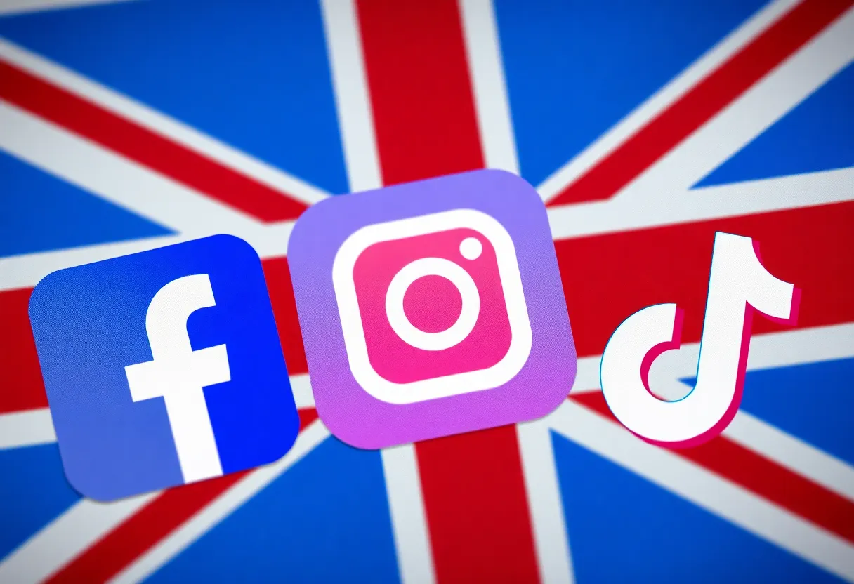 Collage of social media logos with UK flag
