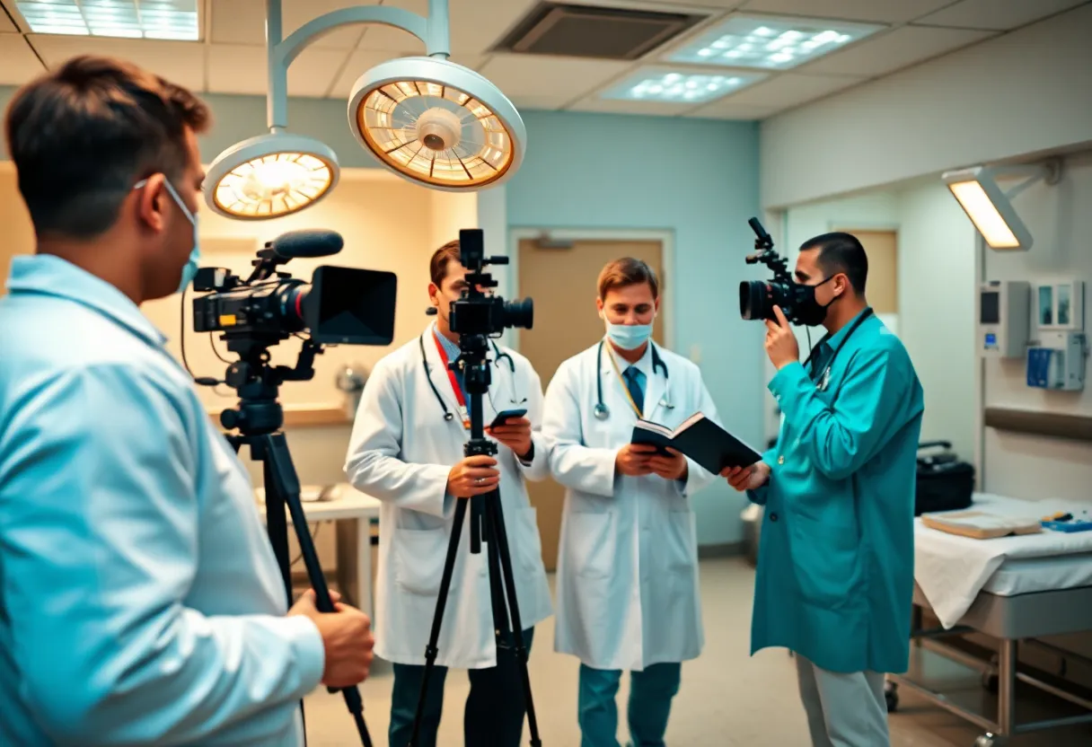 A depiction of medical professionals collaborating in a hospital setting.